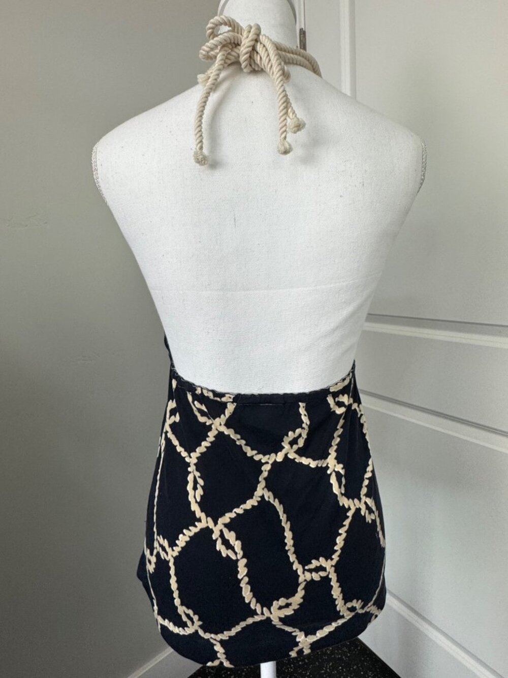 J.Crew Navy & Beige Rope Print Halter Top With Deep V-Neckline Comfort Travel - Picture 4 of 16